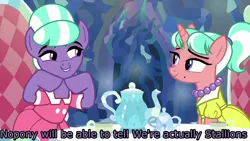 Size: 1280x720 | Tagged: safe, derpibooru import, edit, edited screencap, screencap, stepford ponies, unnamed character, unnamed pony, pony, what lies beneath, caption, crossdressing, image macro, text