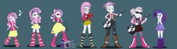 Size: 4001x1123 | Tagged: safe, artist:magerblutooth, derpibooru import, rarity, sweetie belle, equestria girls, adult, age progression, amplifier, belts, boots, clothes, commission, duo, ear piercing, earring, elderly, eyes closed, face paint, guitar, hairclip, high res, image, jacket, jewelry, leather jacket, microphone, mobile phone, music notes, musical instrument, necklace, notebook, older, older sweetie belle, open mouth, pants, pen, phone, piercing, png, ponytail, rocker, shirt, shoes, show accurate, simple background, singing, skirt, smiling, spiky hair, subverted meme, sunglasses, teenager, tongue out, transformation, transformation sequence, transforming clothes, vector