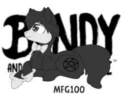 Size: 889x682 | Tagged: safe, artist:mixelfangirl100, artist:superrosey16, derpibooru import, earth pony, pony, base used, bendy, bendy and the ink machine, bowtie, clothes, crossover, gloves, pentagram, simple background, transparent background