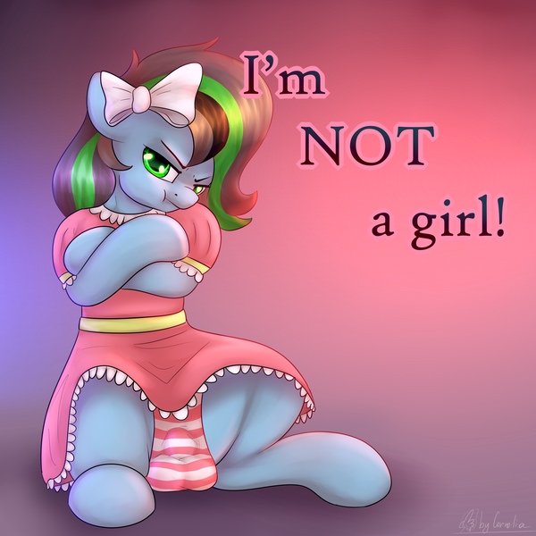 Size: 2160x2160 | Tagged: questionable, artist:cornelia_nelson, derpibooru import, oc, unofficial characters only, pony, bow, clothes, crossdressing, crossed hooves, crotch bulge, dress, forced feminization, male, panties, puffy cheeks, solo, solo male, striped underwear, unamused, underwear