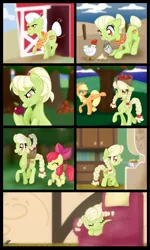 Size: 1024x1707 | Tagged: safe, artist:bonsia-lucky, derpibooru import, apple bloom, applejack, granny smith, bird, chicken, earth pony, pony, adult, age regression, apple, apple tree, applebucking, armchair, barn, basket, braces, braid, bucket, comic, eyes closed, feed, female, filly, foal, food, grin, mouth hold, no dialogue, orchard, ponytail, pot, request, sleeping, smiling, teenager, tree, young granny smith, younger