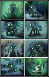 Size: 3840x6000 | Tagged: safe, artist:bonsia-lucky, derpibooru import, queen chrysalis, changeling, changeling larva, changeling queen, nymph, absurd resolution, age regression, bowing, changeling hive, changeling princess, chrysalis' throne, cocoon, comic, commission, cute, cute little fangs, cutealis, cuteling, fangs, female, grin, no dialogue, open mouth, short mane, smiling, tongue out, walking, younger