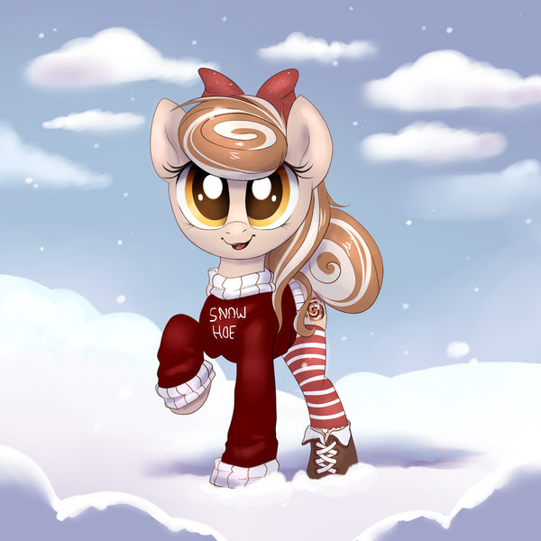 Size: 2000x2000 | Tagged: safe, artist:confetticakez, derpibooru import, oc, oc:cinnamon spangled, unofficial characters only, pony, boots, bow, clothes, cute, female, mare, ocbetes, shoes, snow, socks, solo, striped socks, sweater, thigh highs, winter