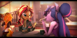 Size: 10800x5400 | Tagged: safe, artist:imafutureguitarhero, derpibooru import, adagio dazzle, sci-twi, sunset shimmer, twilight sparkle, oc, oc:cupcake slash, anthro, earth pony, plantigrade anthro, unicorn, equestria girls, 3d, absurd file size, absurd resolution, alternate hairstyle, arm freckles, back to the future, black bars, bloom, breasts, cafe, car, chromatic aberration, cleavage, clothes, coffee, colored eyebrows, colored eyelashes, cup, delorean, dress, equestria girls ponified, female, film grain, floppy ears, food, freckles, glasses, glow, hair bun, hoodie, jacket, jeans, laughing, leather jacket, lens flare, lesbian, mare, mug, napkins, pants, plate, sandwich, scitwishimmer, shipping, signature, smiling, source filmmaker, sunrise, sunsetsparkle, table, tablecloth, tanktop, unicorn sci-twi