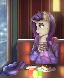 Size: 3608x4375 | Tagged: safe, artist:mintjuice, derpibooru import, rarity, anthro, unicorn, cafe, cake, candle, clothes, commission, evening, female, food, mare, mug, rain, scarf, solo, street, sweater, tea, window, ych result