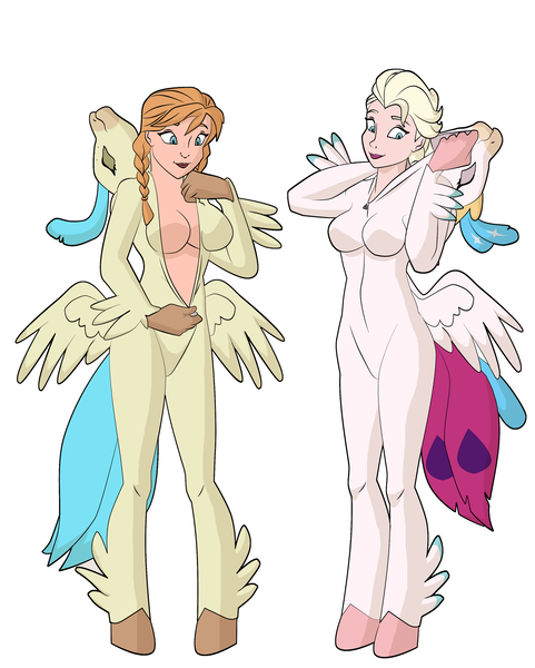 Size: 1560x1944 | Tagged: anna, anthro, artist:vytz, bodysuit, breasts, clothes, cosplay, costume, crossover, derpibooru import, elsa, female, females only, frozen (movie), hippogriff, hippogriff suit, human, mask, masking, my little pony: the movie, part of a set, princess skystar, queen novo, series:anna and elsa to hippogriffs, suggestive, tugging, unguligrade anthro, zipper