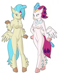 Size: 1584x1944 | Tagged: anna, anthro, artist:vytz, barbie doll anatomy, bodysuit, breasts, clothes, cosplay, costume, crossover, derpibooru import, elsa, female, females only, frozen (movie), hippogriff, hippogriff suit, human, mask, masking, my little pony: the movie, part of a set, princess skystar, queen novo, series:anna and elsa to hippogriffs, suggestive, unguligrade anthro, zipper