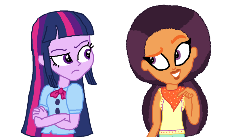 Size: 1500x890 | Tagged: safe, artist:bigpurplemuppet99, derpibooru import, saffron masala, twilight sparkle, equestria girls, afro, alternate hairstyle, bun hairstyle, equestria girls-ified, female, lesbian, shipping, twiffron