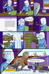 Size: 2100x3150 | Tagged: safe, artist:jongoji245, derpibooru import, trixie, dinosaur, tyrannosaurus rex, equestria girls, boots, clothes, comic, don bluth, female, hoodie, pantyhose, shoes, skirt, the land before time