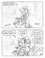 Size: 849x1100 | Tagged: alicorn, anthro, artist:circe, black and white, clothes, comic:soreloser, cuffs, derpibooru import, grayscale, groucho marx, handcuffed, inspector jacques clouseau, lineart, louise the singing harp, marx brothers, monochrome, pleated skirt, safe, skirt, traditional art, twilight sparkle, twilight sparkle (alicorn), unguligrade anthro
