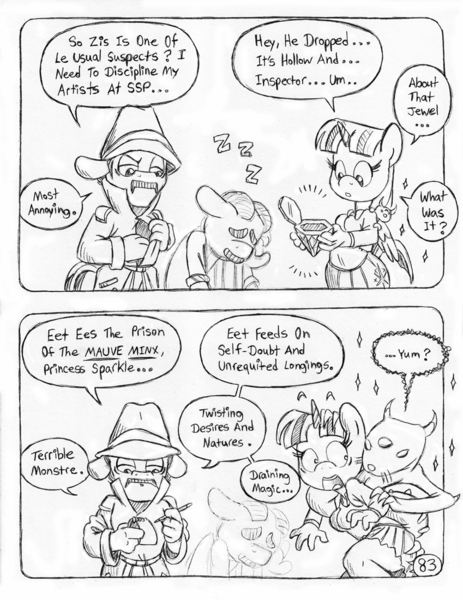 Size: 849x1100 | Tagged: alicorn, anthro, artist:circe, black and white, clothes, comic:soreloser, derpibooru import, grayscale, groucho marx, inspector jacques clouseau, louise the singing harp, marx brothers, mauve minx, monochrome, notepad, pencil, pleated skirt, safe, skirt, traditional art, twilight sparkle, twilight sparkle (alicorn), unguligrade anthro