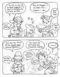 Size: 849x1100 | Tagged: alicorn, anthro, artist:circe, black and white, clothes, comic:soreloser, derpibooru import, grayscale, groucho marx, inspector jacques clouseau, louise the singing harp, marx brothers, mauve minx, monochrome, notepad, pencil, pleated skirt, safe, skirt, traditional art, twilight sparkle, twilight sparkle (alicorn), unguligrade anthro