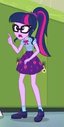 Size: 321x630 | Tagged: safe, derpibooru import, screencap, sci-twi, twilight sparkle, equestria girls, equestria girls series, stressed in show, stressed in show: pinkie pie, spoiler:eqg series (season 2), clothes, cropped, geode of telekinesis, glasses, legs, lockers, magical geodes, ponytail, shoes, skirt, solo