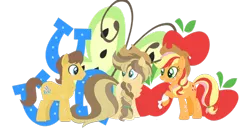 Size: 1024x556 | Tagged: safe, artist:blueberrymuffin02, derpibooru import, applejack, caramel, oc, pony, carajack, family, female, male, offspring, parent:applejack, parent:caramel, parents:carajack, shipping, straight