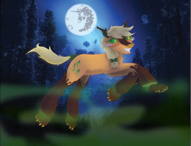 Size: 796x610 | Tagged: applejack, artist:nightveil, artist:nightveilnocturne, derpibooru import, female, fog, forest, mare, mare in the moon, moon, night, original species, safe, solo, species swap, timberjack, timber pony, timber wolf, timber wolfified