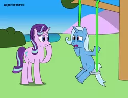 Size: 1636x1260 | Tagged: safe, artist:gradiusfanatic, derpibooru import, starlight glimmer, trixie, pony, crying, image, png, swing, tree, tree branch