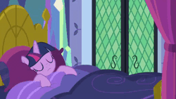 Size: 512x288 | Tagged: safe, derpibooru import, edit, edited screencap, screencap, fluttershy, twilight sparkle, twilight sparkle (alicorn), alicorn, pegasus, pony, derpibooru, a health of information, animated, awakening, bed, bedroom, caption, concerned, covering mouth, faic, falling, gif, gif with captions, image macro, impact font, meme, merged image, meta, nibba, open door, reaction gif, shitposting, sleeping, stolen, surprised, text, vulgar, wat, yelling