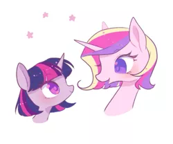 Size: 515x428 | Tagged: safe, artist:kkmrarar, derpibooru import, edit, editor:jamalleymall, princess cadance, twilight sparkle, twilight sparkle (alicorn), alicorn, pony, blushing, cropped, cute, cutedance, duo, female, looking at each other, mare, open mouth, simple background, smiling, stars, twiabetes, white background