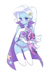 Size: 608x912 | Tagged: suggestive, artist:kkmrarar, derpibooru import, edit, editor:jamalleymall, trixie, pony, unicorn, equestria girls, adorasexy, belly button, blushing, cape, clothes, cropped, cute, diatrixes, female, frilly underwear, gloves, implied lesbian, implied shipping, implied twilight sparkle, implied twixie, lingerie, looking at you, panties, plushie, purple underwear, sexy, simple background, smiling, socks, solo, solo female, starry underwear, stars, thigh highs, trixie's cape, underwear, white background
