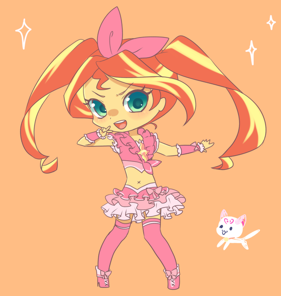 Size: 1200x1266 | Tagged: safe, artist:kkmrarar, derpibooru import, sunset shimmer, cat, human, equestria girls, alternate hairstyle, ami koshimizu, belly button, blushing, chibi, clothes, cure melody, female, houjou hibiki, humanized, hummy, japanese, looking at you, magical sunset-chan, midriff, open mouth, orange background, precure, shoes, simple background, skirt, socks, solo, suite precure, thigh highs, voice actor joke