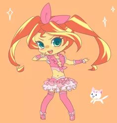 Size: 1200x1266 | Tagged: safe, artist:kkmrarar, derpibooru import, sunset shimmer, cat, human, equestria girls, alternate hairstyle, ami koshimizu, belly button, blushing, chibi, clothes, cure melody, female, houjou hibiki, humanized, hummy, japanese, looking at you, magical sunset-chan, midriff, open mouth, orange background, precure, shoes, simple background, skirt, socks, solo, suite precure, thigh highs, voice actor joke