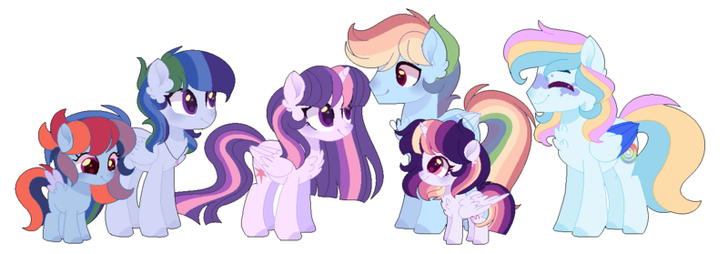 Size: 1461x510 | Tagged: safe, artist:moon-rose-rosie, derpibooru import, rainbow dash, twilight sparkle, twilight sparkle (alicorn), oc, oc:celestial moon, oc:color sprinkle bean, oc:magic flight, oc:sparkle dash, alicorn, pony, chest fluff, female, half r63 shipping, lesbian, magical lesbian spawn, male, offspring, parent:rainbow blitz, parent:rainbow dash, parent:twilight sparkle, parents:twiblitz, parents:twidash, rainbow blitz, rule 63, shipping, simple background, straight, trans boy, transgender, transparent background, twiblitz, twidash