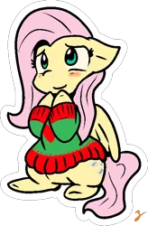 Size: 433x662 | Tagged: safe, artist:zutcha, derpibooru import, fluttershy, pegasus, pony, blushing, bottomless, clothes, cute, female, floppy ears, mare, partial nudity, raised hoof, shyabetes, simple background, sitting, smiling, solo, sweater, sweatershy, transparent background, zutcha is trying to murder us