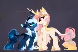 Size: 1280x849 | Tagged: safe, artist:magnaluna, derpibooru import, princess celestia, princess luna, kirin, pony, :p, boop, chest fluff, cute, cutelestia, duo, duo female, ear fluff, eye contact, eyeshadow, female, fluffy, frown, glare, gray background, hoof fluff, horn, horns are touching, kirinified, leg fluff, leonine tail, lidded eyes, looking at each other, lunabetes, makeup, mare, nightmare luna, noseboop, pink-mane celestia, royal sisters, scales, siblings, sillestia, silly, simple background, sisters, size difference, slit eyes, smiling, smirk, species swap, tail fluff, tail wrap, tongue out, unamused, unshorn fetlocks