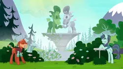 Size: 1440x810 | Tagged: safe, derpibooru import, screencap, crosscut mccolt, grub hooffield, piles mccolt, sprig hooffield, earth pony, pony, the hooffields and mccolts, bush, clothes, duo, eyes closed, female, flower, fountain, hooffield family, ivy (plant), male, mare, mccolt family, pine tree, stallion, statue, topiary, tree, watering can