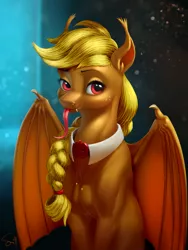 Size: 1500x2000 | Tagged: safe, artist:samum41, derpibooru import, applejack, bat pony, pony, vampire, spoiler:comic, spoiler:comic33, applebat, bat ponified, braid, bust, female, looking at you, mare, portrait, race swap, red eyes, smiling, solo, tongue out