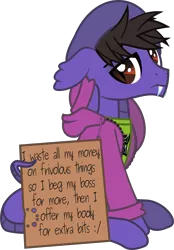 Size: 1093x1567 | Tagged: suggestive, artist:lightningbolt, derpibooru import, ponified, hybrid, original species, pony, snake, snake pony, .svg available, :/, clothes, cobra starship, fangs, floppy ears, frown, gabe saporta, hood, hoodie, hoof on neck, implied prostitution, male, pony shaming, prehensile tail, sad, shirt, sign, simple background, sitting, slit eyes, snake tail, solo, stallion, svg, tail hold, transparent background, undershirt, vector, zipper