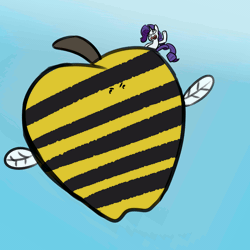 Size: 1280x1280 | Tagged: safe, artist:davierocket, derpibooru import, rarity, pony, angry, animate object, animated, apple, bee wings, eyes closed, female, fight, food, giant apple, gif, mare, open mouth, pun, rarity fighting a giant applebee's, size difference, sky, visual pun, wat