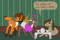 Size: 900x600 | Tagged: suggestive, artist:autumnbramble, derpibooru import, oc, oc:autumn bramble, oc:sunnyside, deer, pony, reindeer, abdl, adult foal, blushing, crying, diaper, female, fetish, male, paddle, rudolph the red nosed reindeer, shipping, spanking, straight