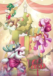 Size: 2481x3508 | Tagged: safe, artist:cutepencilcase, derpibooru import, alice the reindeer, aurora the reindeer, bori the reindeer, deer, pony, reindeer, best gift ever, adoralice, aurorable, boribetes, christmas, christmas tree, cloven hooves, cute, female, flying, hearth's warming, holiday, present, smiling, the gift givers, tree
