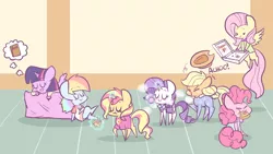 Size: 1280x721 | Tagged: safe, artist:typhwosion, derpibooru import, applejack, fluttershy, pinkie pie, rainbow dash, rarity, sunset shimmer, twilight sparkle, twilight sparkle (alicorn), alicorn, earth pony, pegasus, pony, unicorn, equestria girls, alternate mane seven, book, bow, chibi, clothes, cute, dream, eating, female, flying, food, indoors, levitation, magic, mane six, mare, onesie, pajamas, pillow, pizza, pizza box, pointy ponies, sleeping, slumber party, sneezing, teary eyes, telekinesis, that pony sure does love books, thought bubble