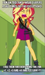 Size: 519x857 | Tagged: safe, derpibooru import, edit, sunset shimmer, equestria girls, equestria girls series, forgotten friendship, abdl, angry, bag, boots, canterlot high, caption, clenched fist, clothes, confession, cutie mark, cutie mark clothes, dialogue, diaper, diaper fetish, door, exclamation point, eyes closed, female, fetish, geode, geode of empathy, hashtag, image macro, implied diaper fetish, jacket, leather, leather boots, leather jacket, leather shoes, lockers, magical geodes, meme, numbers, open mouth, pocket, school bag, shirt, shoes, skirt, solo, spread legs, spreading, standing, symbol, t-shirt, text, text edit, vest, wall of tags, woman