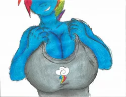 Size: 1280x989 | Tagged: alternate version, anthro, artist:reliongarrouth, artist:rusticpony, big breasts, breasts, busty boy, cleavage, clothes, colored, color edit, colored sketch, cutie mark, derpibooru import, edit, head out of frame, huge breasts, impossibly large breasts, intersex, male, pegasus, rainbow blitz, rainbow dash, rule 63, simple background, smiling, solo, suggestive, tanktop, white background