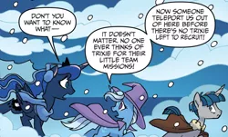 Size: 1134x683 | Tagged: artist:tonyfleecs, cloak, clothes, derpibooru import, earmuffs, idw, nightmare knights, princess luna, safe, scarf, snow, spoiler:comic, spoiler:comicnightmareknights02, stygian, trixie