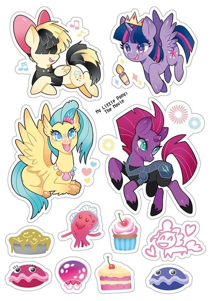 Size: 600x853 | Tagged: safe, artist:jannel300, derpibooru import, jamal, pinkie pie, princess skystar, shelldon, shelly, songbird serenade, tempest shadow, twilight sparkle, twilight sparkle (alicorn), alicorn, classical hippogriff, cuttlefish, earth pony, hippogriff, jellyfish, pegasus, pony, unicorn, my little pony: the movie, armor, bow, broken horn, cake, candle, colored hooves, cupcake, eye scar, female, food, hair bow, heart, horn, jewelry, mare, necklace, pie, scar, simple background, smiling, sticker, sticker set, tiara, white background