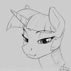 Size: 900x900 | Tagged: safe, artist:amarynceus, deleted from derpibooru, derpibooru import, twilight sparkle, pony, eyes on the prize, female, implied lesbian, implied shipping, implied twiluna, mare, monochrome, simple background, sketch, smiling, solo