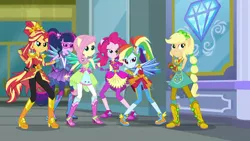 Size: 1920x1080 | Tagged: safe, derpibooru import, screencap, applejack, fluttershy, pinkie pie, rainbow dash, sci-twi, sunset shimmer, twilight sparkle, equestria girls, equestria girls series, super squad goals, crystal guardian, geode of empathy, geode of sugar bombs, geode of super speed, geode of super strength, geode of telekinesis, magical geodes, ponied up