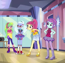 Size: 1105x1069 | Tagged: safe, derpibooru import, screencap, lemon zest, sour sweet, sugarcoat, sunny flare, dance magic, equestria girls, spoiler:eqg specials, boots, clothes, converse, cropped, crystal prep shadowbolts, female, glasses, headphones, high heel boots, pigtails, ponytail, quartet, shoes, sleeveless, sneakers, street ballet tutu, twintails