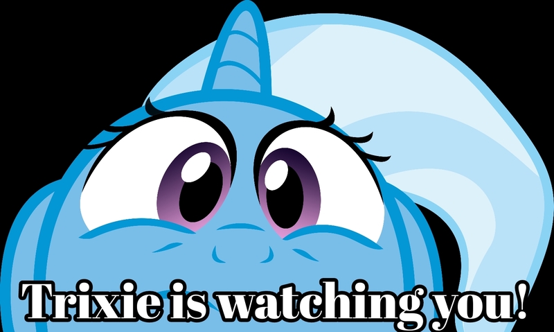 Size: 1500x898 | Tagged: safe, artist:sidorovich, derpibooru import, edit, trixie, pony, unicorn, magic duel, caption, cropped, image macro, looking at you, meme, she knows, solo, text, text edit, trixie yells at everything, watching