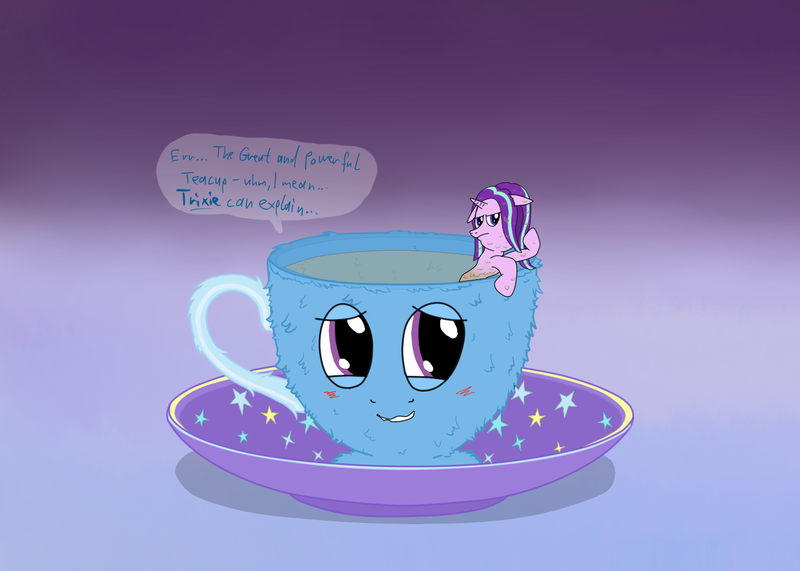 Size: 1419x1012 | Tagged: safe, artist:ultrathehedgetoaster, derpibooru import, starlight glimmer, trixie, pony, blushing, coaster, cup, dialogue, gradient background, inanimate tf, smiling, teacup, that pony sure does love teacups, transformation, trixie teacup, wet, wet mane