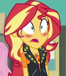 Size: 937x1079 | Tagged: safe, derpibooru import, screencap, sunset shimmer, equestria girls, equestria girls series, forgotten friendship, blushing, cropped, female, geode of empathy, magical geodes, offscreen character, solo, solo focus