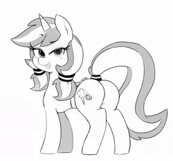 Size: 1029x957 | Tagged: suggestive, artist:hearlesssoul, derpibooru import, oc, oc:cotton candy, pony, unicorn, ass, bedroom eyes, black and white, butt, female, flank, grayscale, monochrome, saddle, scrunchie, simple background, solo, solo female, tack, tail wrap, white background