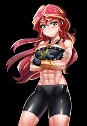 Size: 600x867 | Tagged: safe, artist:tzc, derpibooru import, sunset shimmer, human, equestria girls, abs, anime, badass, big breasts, black background, blushing, breasts, busty sunset shimmer, cleavage, clothes, commission, compression shorts, cutie mark, cutie mark on clothes, female, fingerless gloves, gloves, green eyes, gunset shimmer, humanized, mma, muscles, muscular female, serious, serious face, sexy, shorts, simple background, solo, sunset lifter, thighs