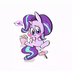 Size: 800x800 | Tagged: safe, artist:yang0, derpibooru import, starlight glimmer, pony, unicorn, belly, belly button, blush sticker, blushing, candy, chibi, chubby, cute, female, food, frown, glimmerbetes, lollipop, mare, popcorn, popsicle, sad, simple background, sitting, spread legs, spreading, stomach ache, stomach noise, white background