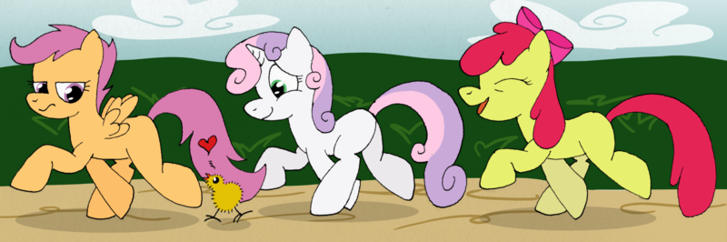 Size: 2103x700 | Tagged: safe, artist:ambrosebuttercrust, derpibooru import, apple bloom, scootaloo, sweetie belle, earth pony, pegasus, pony, unicorn, blank flank, bow, chick, cutie mark crusaders, eyes closed, female, filly, foal, hair bow, heart, hooves, horn, implied scootachicken, imprinting, open mouth, smiling, spread wings, wings