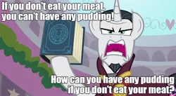 Size: 888x487 | Tagged: safe, derpibooru import, edit, edited screencap, screencap, chancellor neighsay, pony, unicorn, school raze, book, caption, clothes, eea rulebook, facial hair, food, goatee, image macro, impact font, male, meat, open mouth, pink floyd, ponies eating meat, solo, song reference, stallion, text, the wall